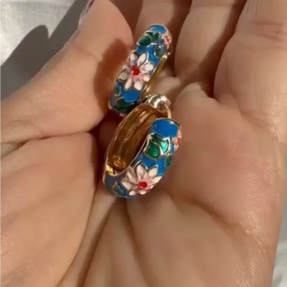 Colorful Festival Floral Blue and Gold Hoop Earrings - Picture 11 of 12